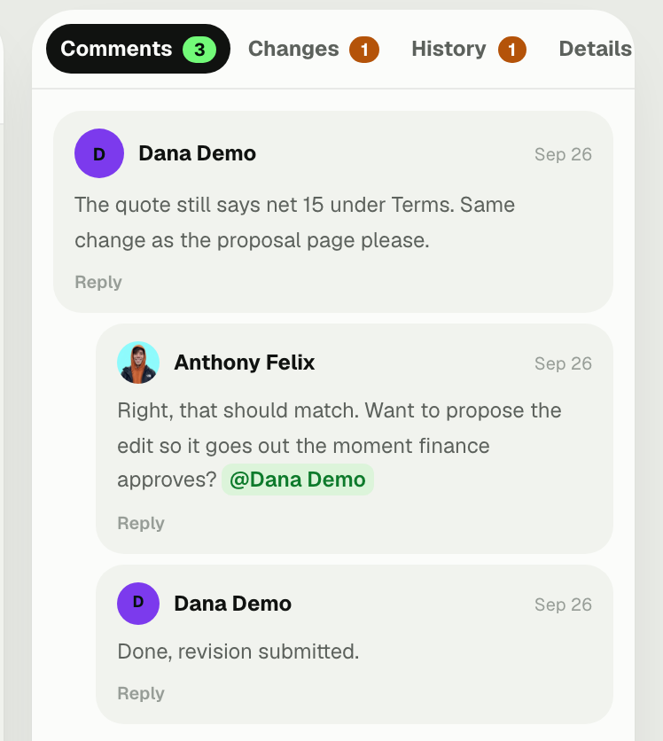 A comment thread on a proposal: a request from the client, a reply with a mention, and the confirmation