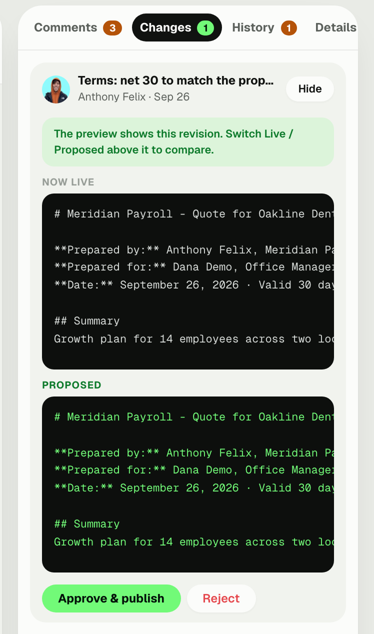 A proposed change waiting for review, with the diff and approve and reject controls