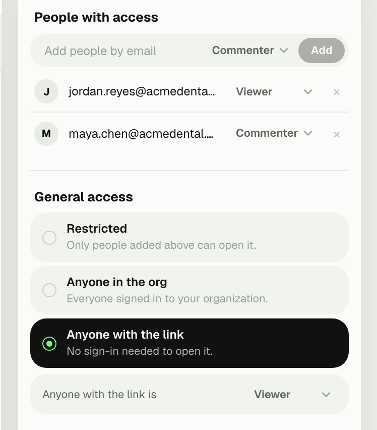 Sharing panel for a hosted file: general access, named people with viewer, commenter and editor roles